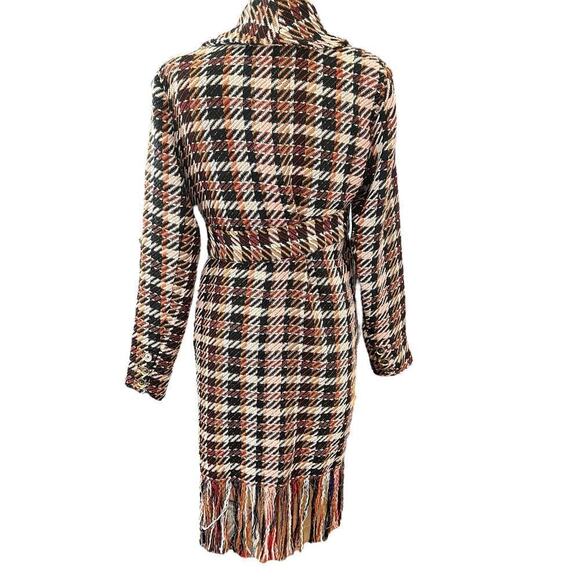 CAbi SZ M Women’s Regency Coat Belted Tweed Noble Plaid Wool Blend Fringe Hem - Picture 2 of 11